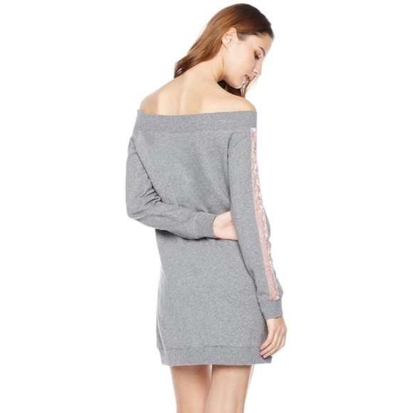 Off Shoulder Blush Stripe Long Sleeve Knit Dress - Picture 2 of 4